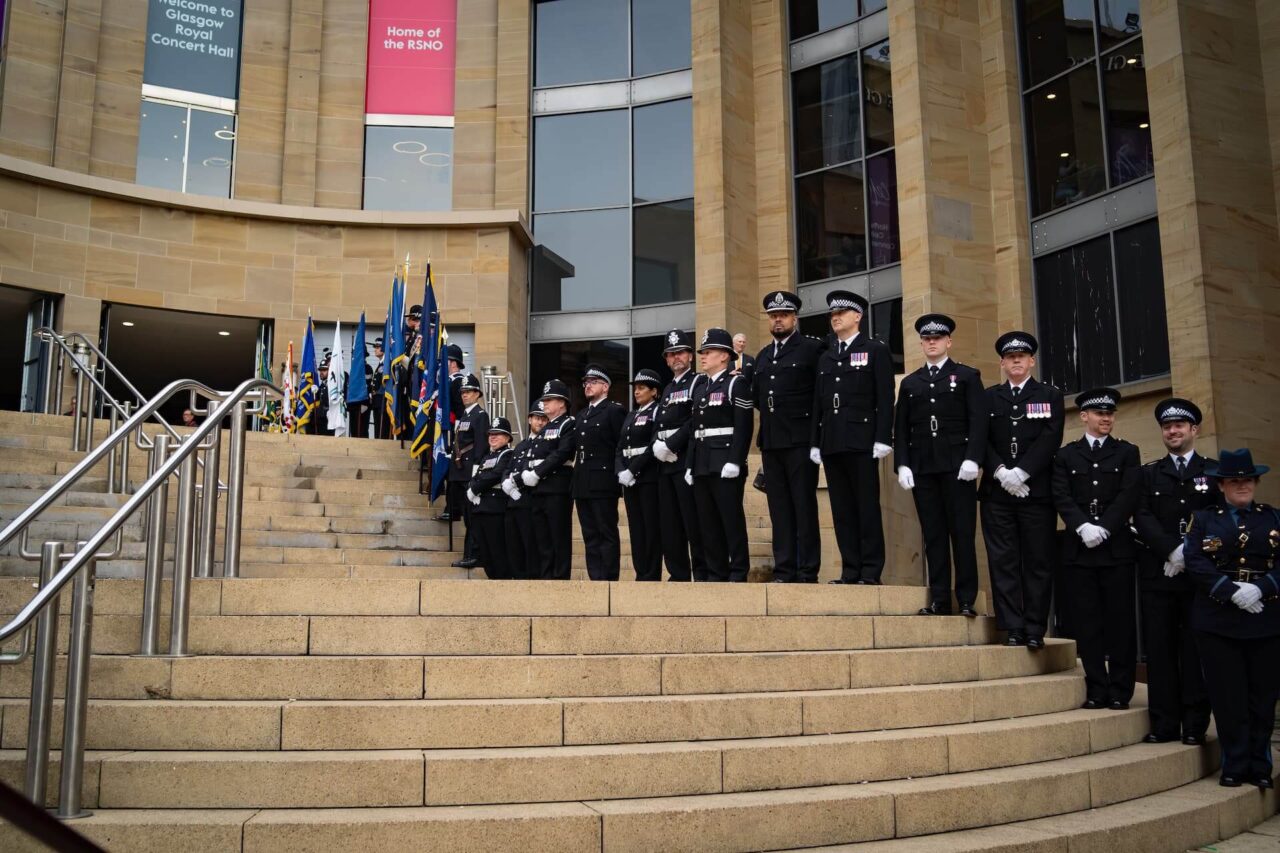 Police Officers on stairs at the Glasgow National Police Memorial Day 2024